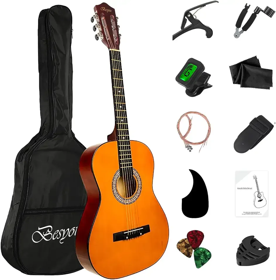 38in Acoustic Guitar Travel Guitar Beginner Introductory Practice Guitar For Teens Students with Soft Case