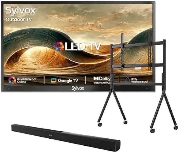 SYLVOX Outdoor TV with Rolling Stand & Soundbar, 75 inch 4K UHD QLED Smart TVs, Weatherproof, IP56 Waterproof, 1000 Nits Partial Sun, Support Google Assistant, Wide Viewing Angle (2026 Model)