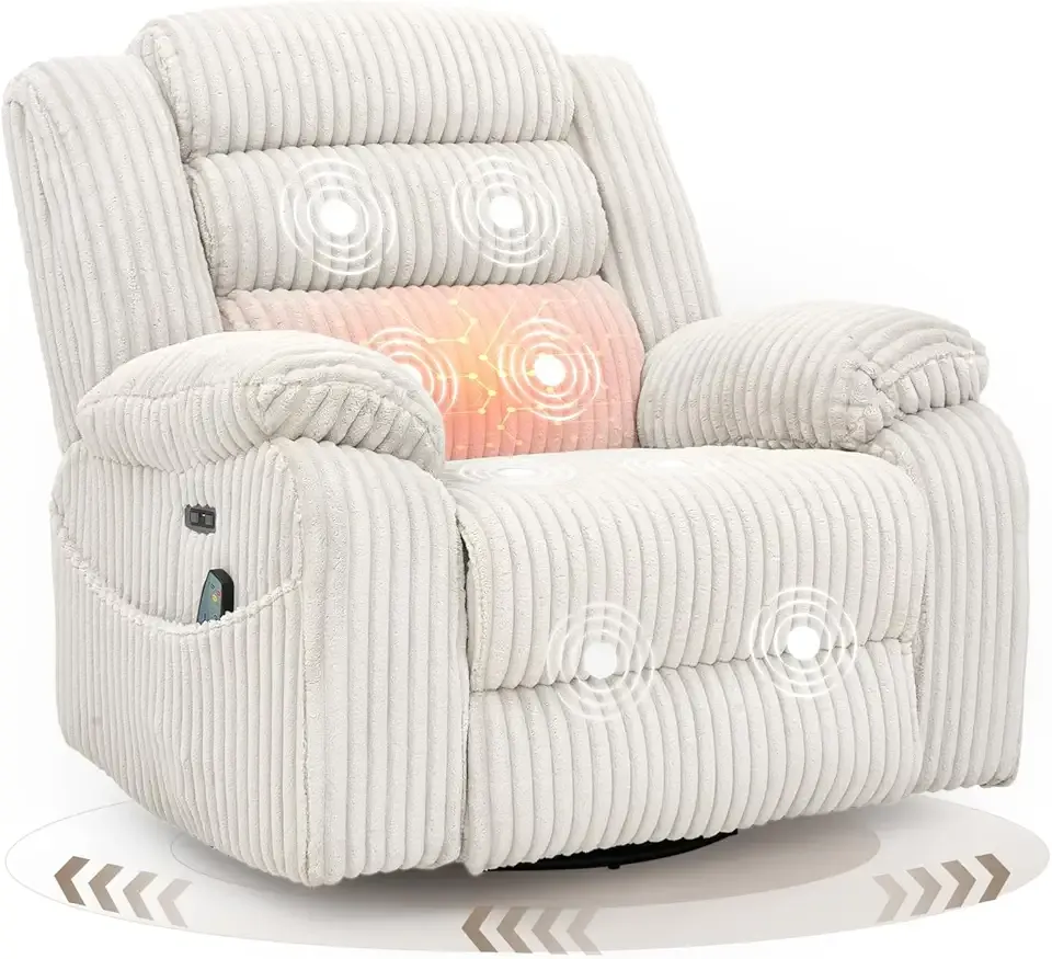 Power Swivel Rocker Recliner Chair for Adults with Massage and Heat, USB and Type-C Charging Port, Infinite Position, Electric Glider Rocking Chairs for Living Room, Nursery, Pale Grey