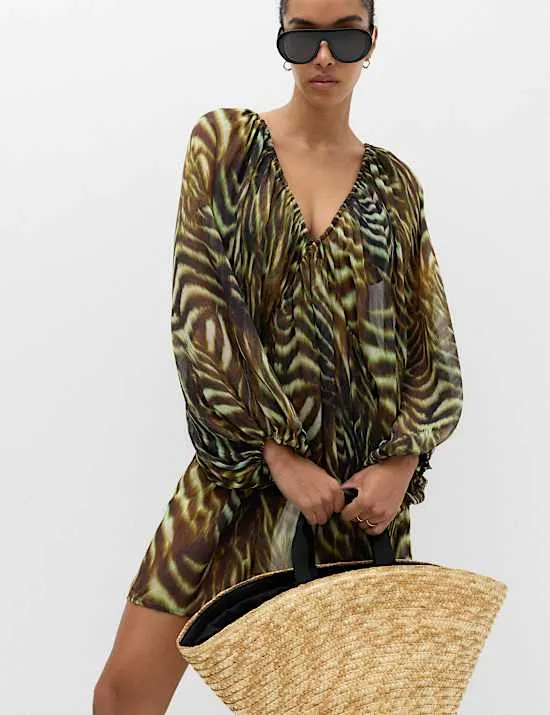Mini-Strandkleid mit Ballonärmeln und Animal-Print
