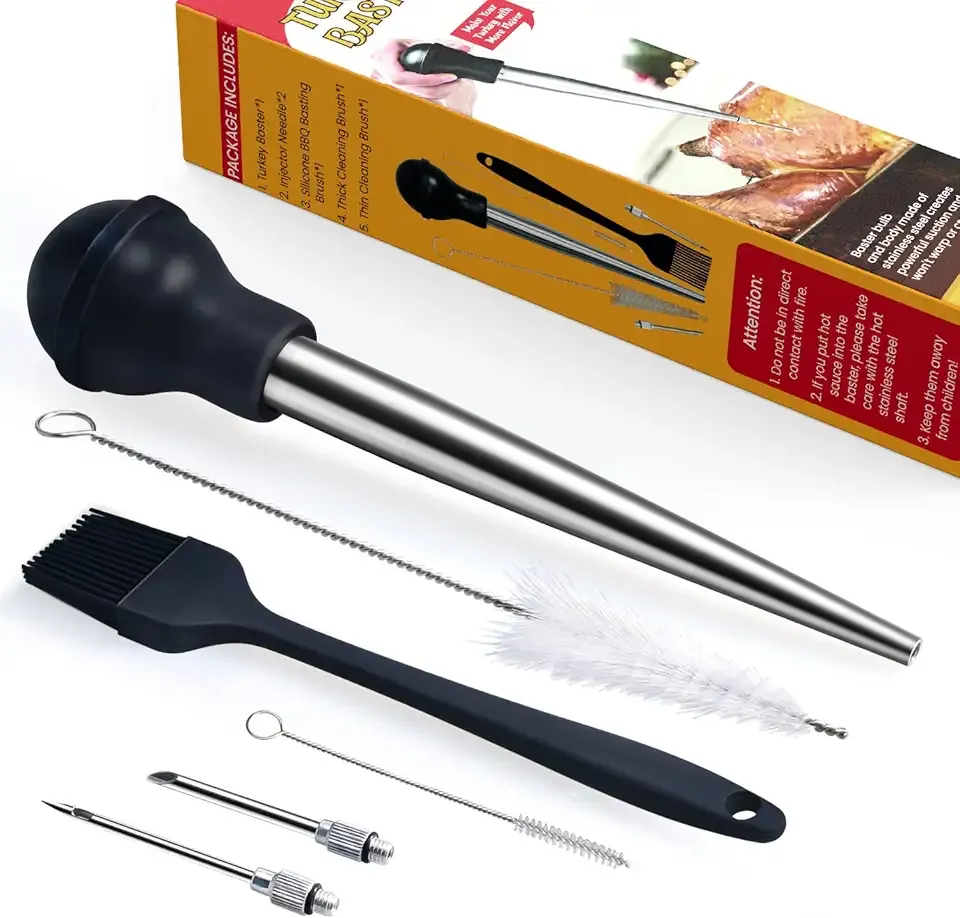 Turkey Baster, Stainless Steel Baster for Cooking with Marinade Injectors Syringe, Basting Brush, Thick Cleaning Brush & Thin Cleaning Brush