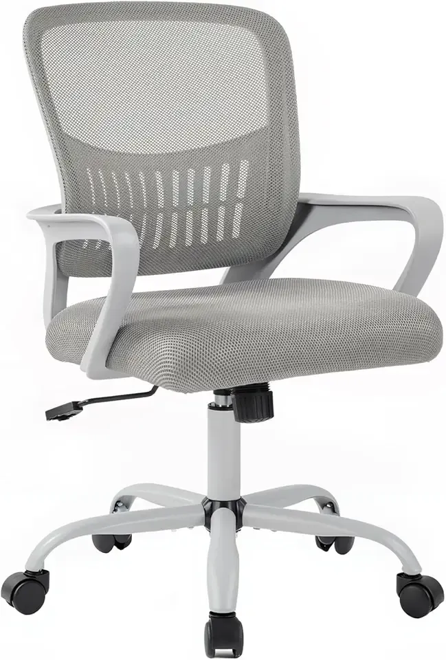 DUMOS Home Office Computer Chair - Ergonomic Mid Back Desk with Lumbar Support and Rocking Mode, Height Adjustable with Fixed Armrest, for Conference Meeting Room, 360° Swivel, Adults, Grey
