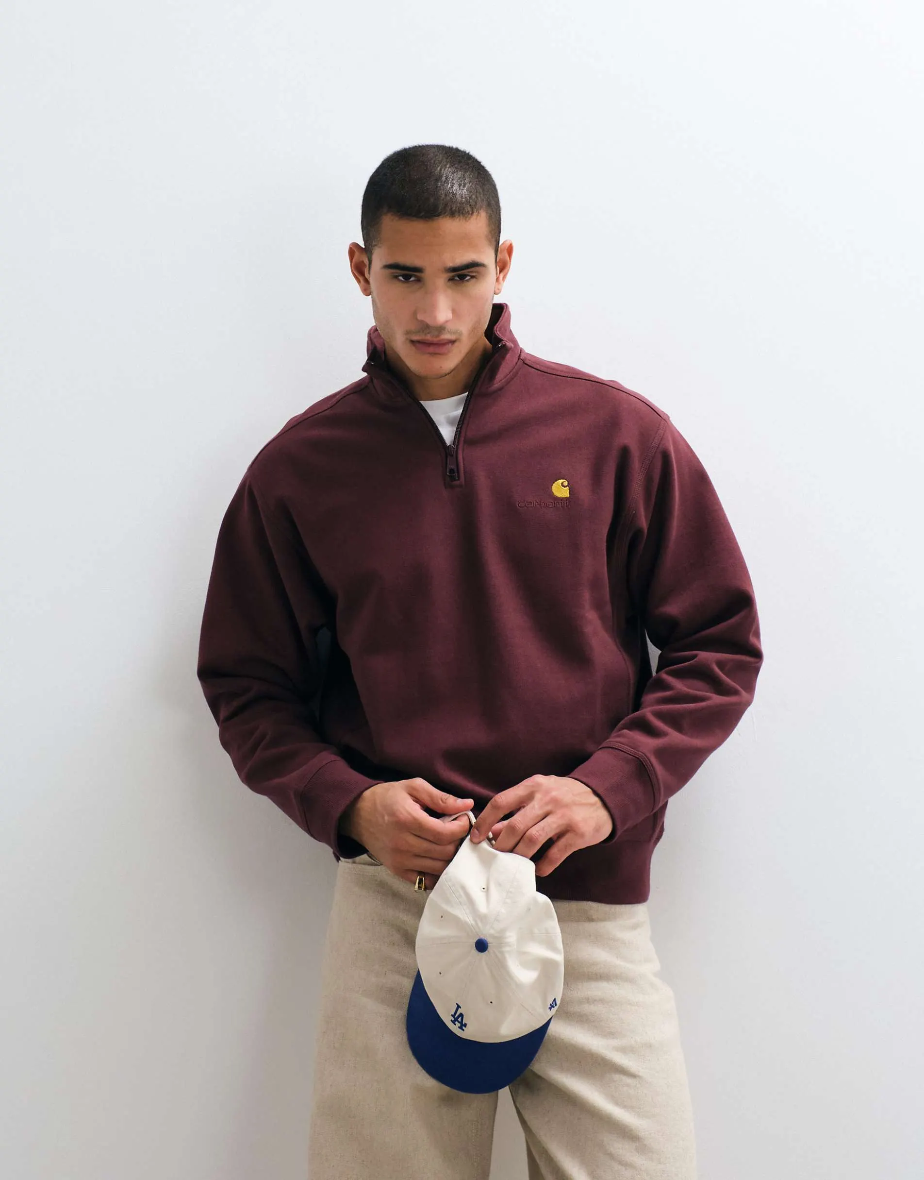 Carhartt WIP American Script half zip sweatshirt in dark burgundy