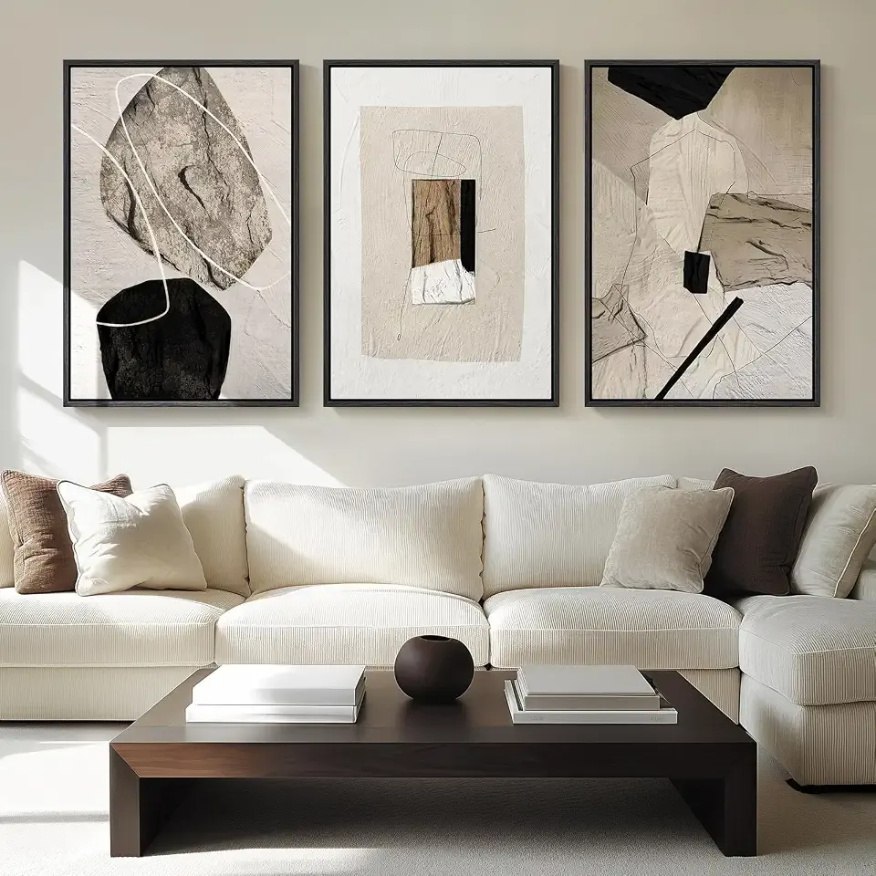 Large Framed Neutral Abstract Wall Art for Living Room,Set of 3, 24x36 In