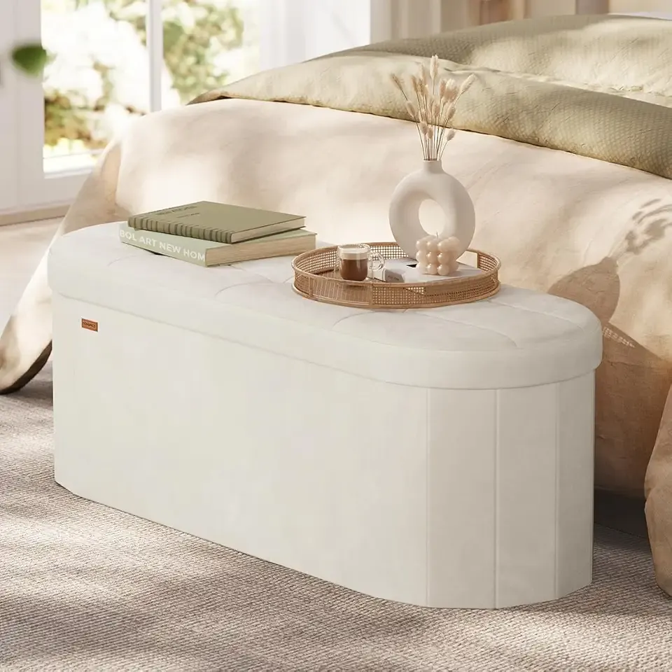 Mazie Collection - Folding Ottoman with Storage, Oval Storage Ottoman Bench, for Living Room, Bedroom, Velvet Fabric, 15 x 43 x 15 Inches, Cream White ULSF297LH01
