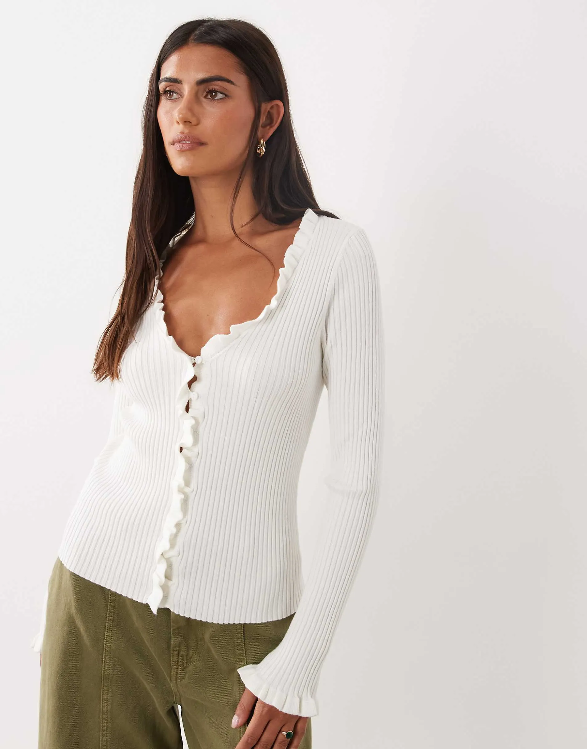 Mango frill detail v neck cardigan in cream