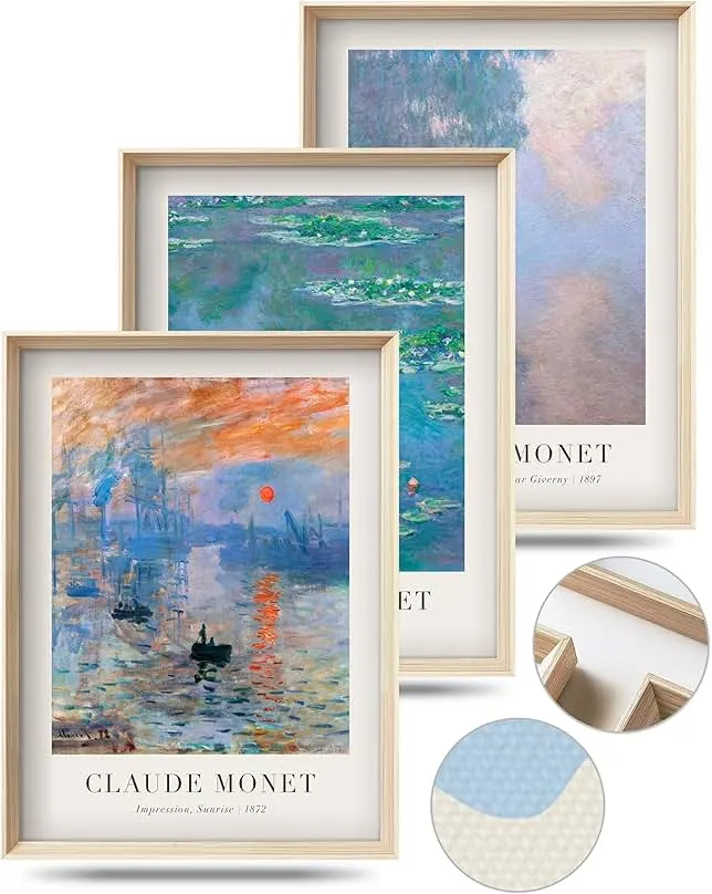 HesenDot Framed Claude Monet Water Lilies Canvas Wall Art Set of 3 12x16in | Vintage Impressionist Botanical Painting, High Framed De…