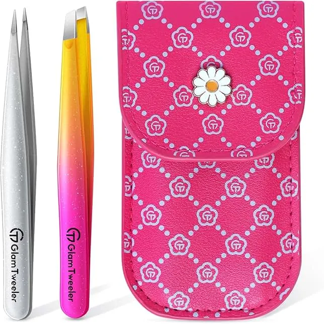 Expert Slant and Point Tip Tweezer Set with Exclusive Travel Case, GlamTweeler Sharp & Precision Tweezer Set for Eyebrows, Facial Hairs & Fine Hairs Re…