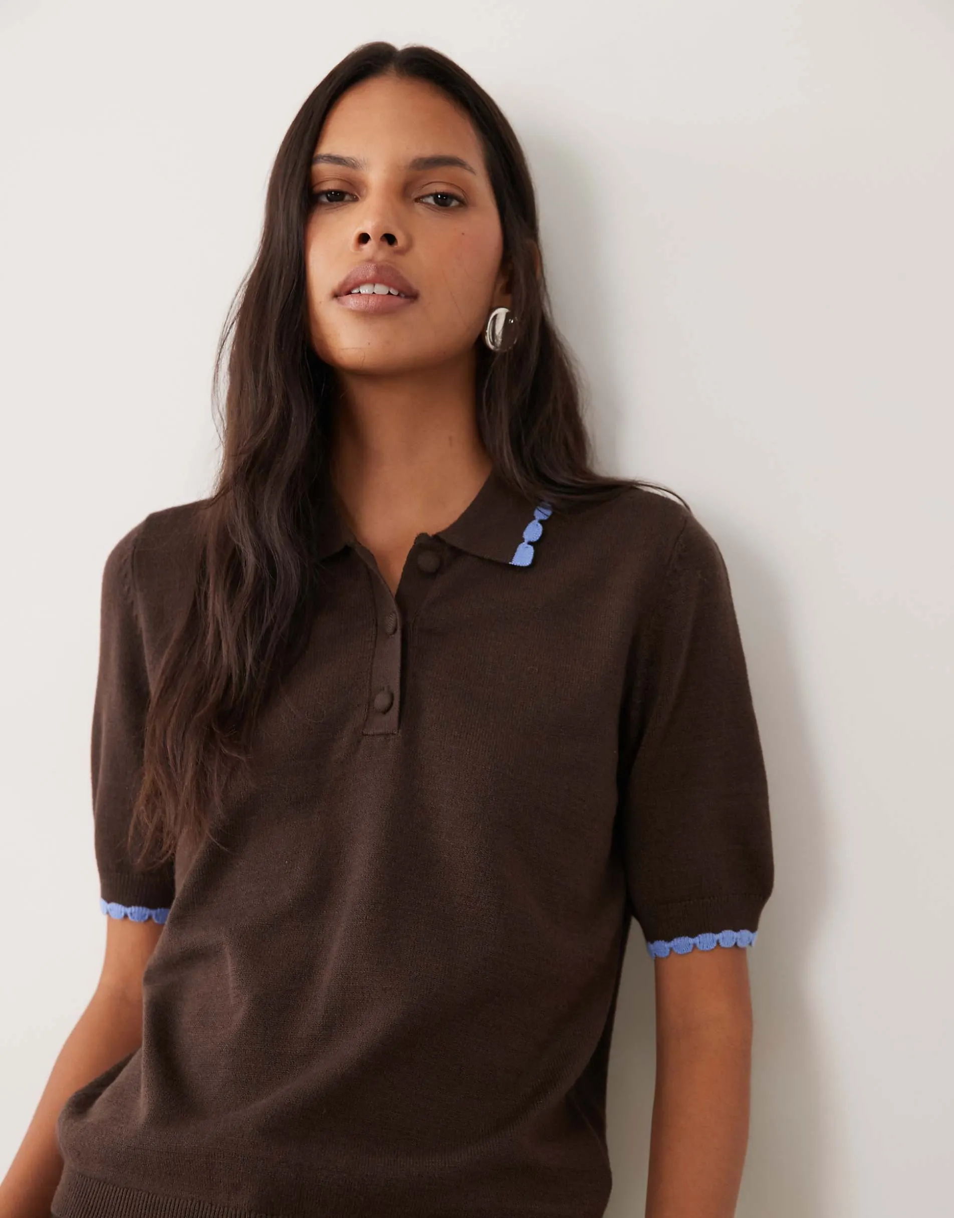 Threadbare short sleeve knitted polo top with contrast tipping in brown