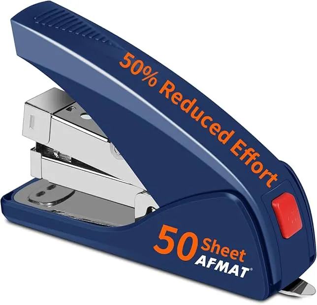 AFMAT Effortless Stapler for Desk, 50 Sheet Capacity, Low Force, Built-in Staple Remover, One Finger Touch Stapling Desktop Stapler, Portable & Space Save Size, Good for Home & Office ES10(Blue)