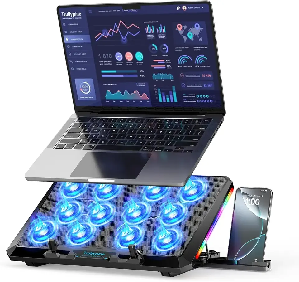 Laptop Cooling Pad with 12 Quiet Fans, Slim Portable for 12-17.3 Inch Laptop Cooler Stand with 5 Height Adjustable, Ergonomic Gaming Cooling Fan Pad with Two USB Ports & Phone Holder (Gear)