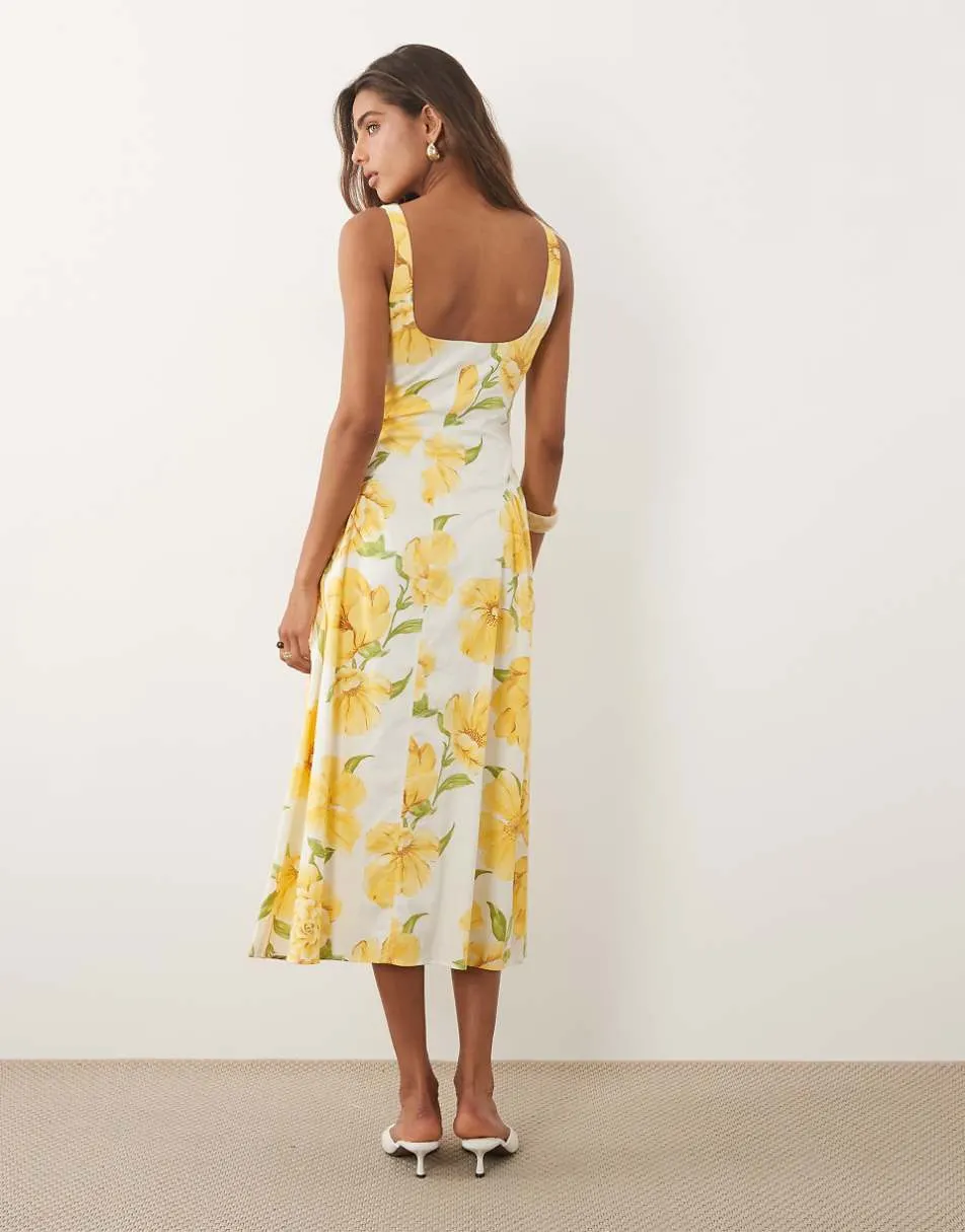 Mango cotton mix scoop neck maxi dress in yellow floral print