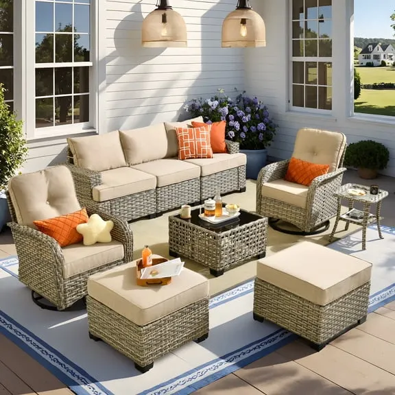Vcatnet 9 Pieces Outdoor Patio Furniture Sectional Sofa All Weather Wicker Conversation Set with Swivel Rocking Chairs and Solar Powered Coffee Table Beige