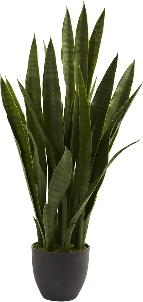 Nearly Natural 35in Artificial Snake Plant, Sansevieria Faux Greenery with Black Planter for Indoor Home Office Decor, Low Maintenance