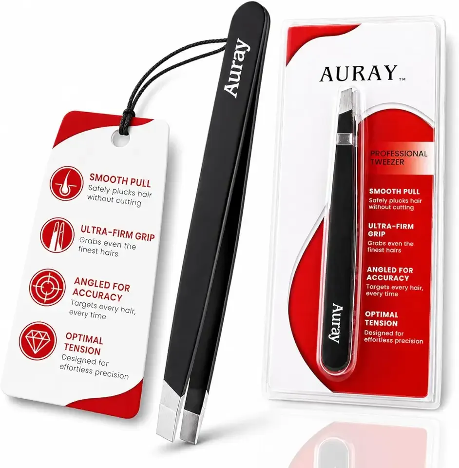 Eyebrow Tweezers Stainless Steel Facial Hair Removal Tweezers for Men & Women in Black with Slanted Tip for Easy Plucking by AURAY