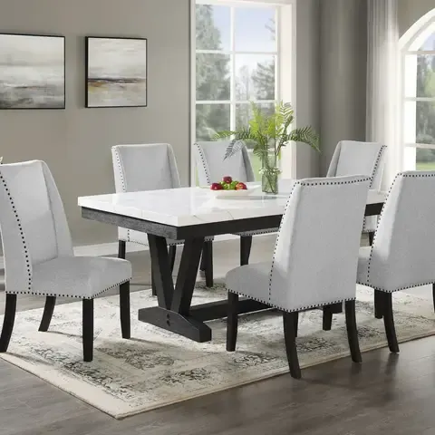 Juego Comedor 6 Sillas Gris de Madera y Lino 183x78 Mármol Sintético Rodeus