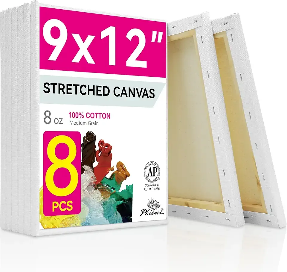 PHOENIX Stretched Canvas for Painting 9x12 Inch/8 Value Pack, 8 Oz Triple Primed 5/8 Inch Profile 100% Cotton White Blank Canvas, Artist Framed Canvas for Oil Acrylic & Pouring Art