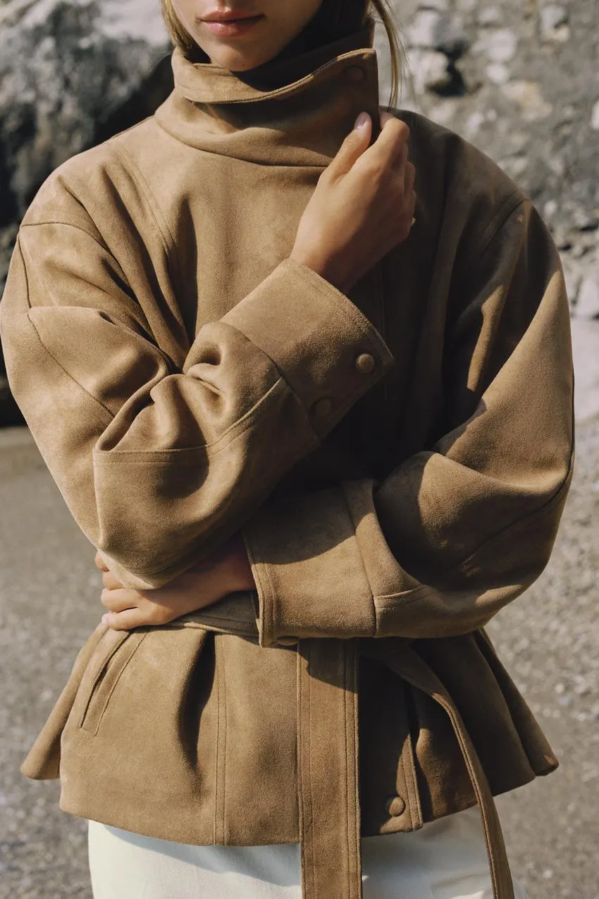 FAUX SUEDE BELTED JACKET