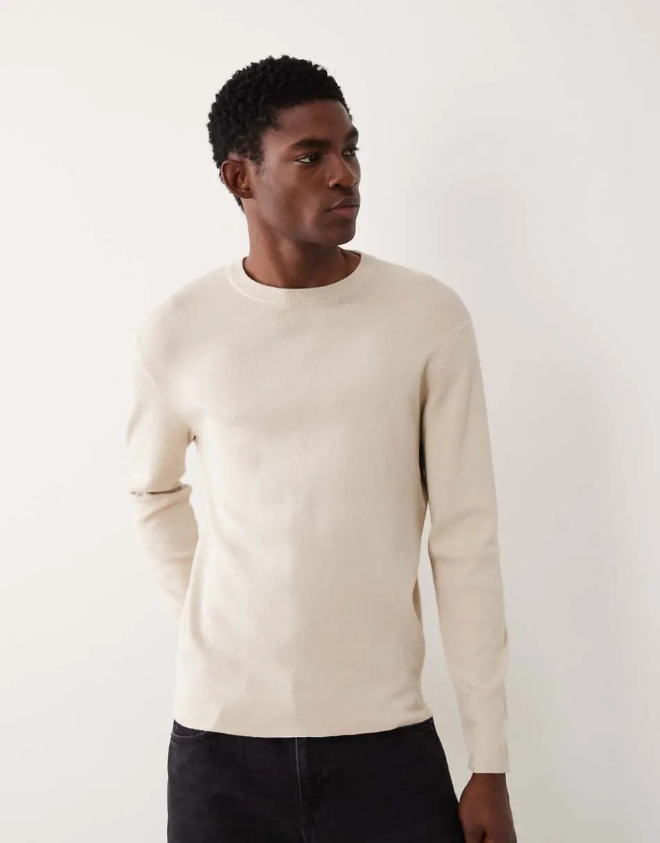ASOS DESIGN Essential knitted long sleeve rib crew neck t-shirt in stone