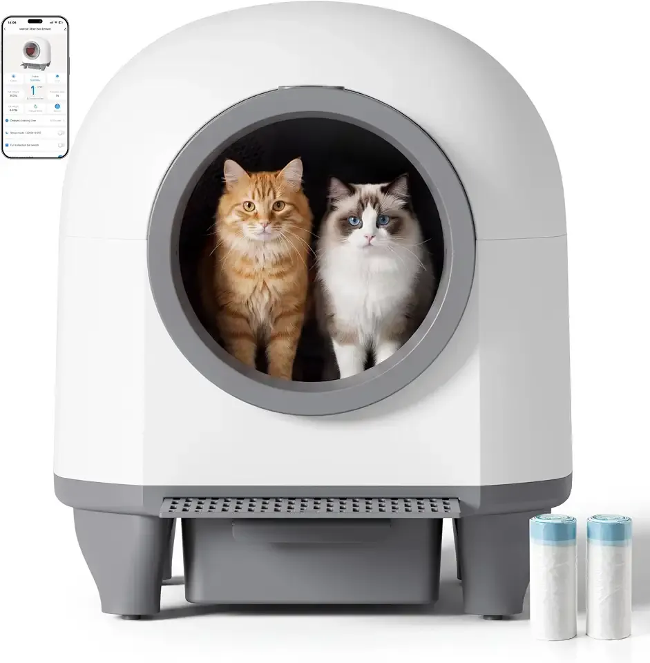 Greesum Self-Cleaning Litter Box with App Control for Large & Multiple Cats | Automatic Smart Litter Box with Safety Sensors, Low-Noise Cleaning, Large Waste Bin, Litter Mat and Waste Bags for Daily Care