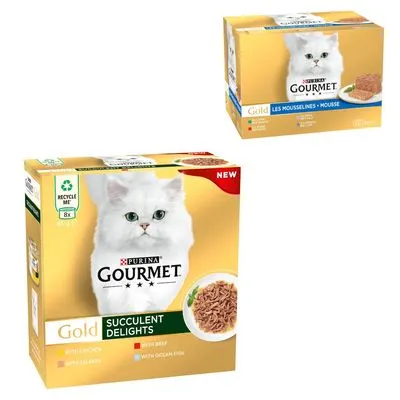 Jumbopack Gourmet Gold 96 x 85 g pour chat + Gourmet Gold Les Mousselines 24 x 85 g offertes !