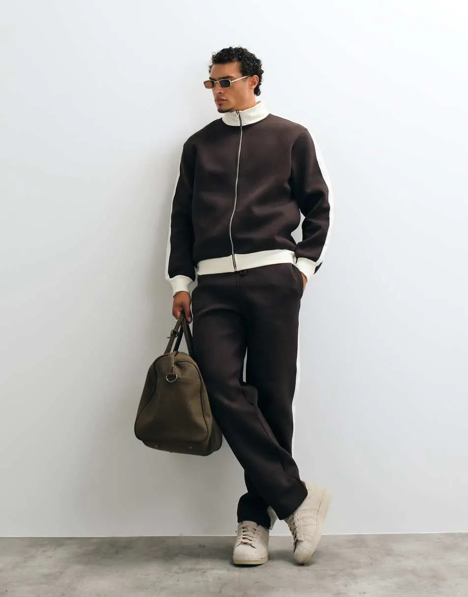 ASOS DESIGN straight leg jogger in scuba-style fabric with pique panels in brown