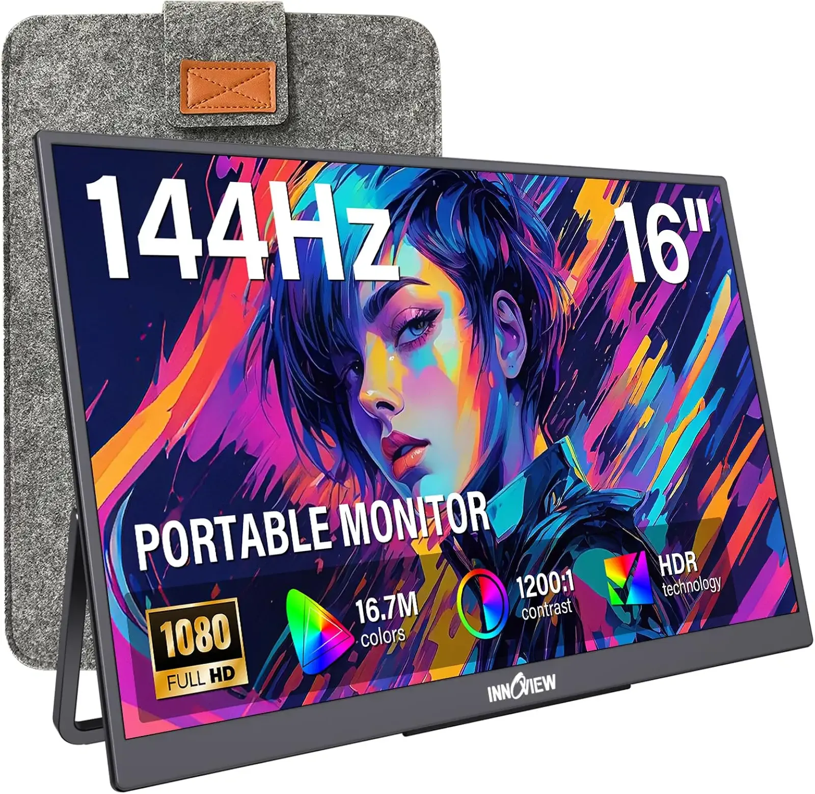 InnoView 16" Portable Monitor 144Hz Portable Gaming Monitor with Protective Sleeve, 1200P FHD External Monitor, Lightweight, Extra Second Screen for Laptop, PS5, Mac, Xbox (Not Includes Adapter)