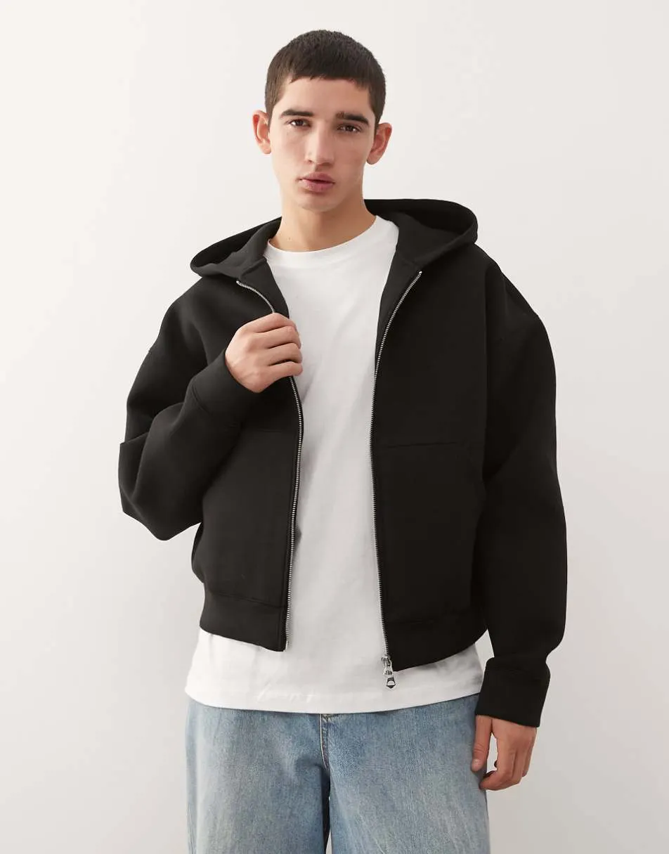 Weekday Simon zip through hoodie in black in scuba-style fabric