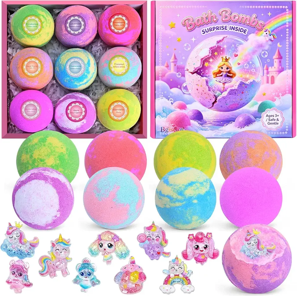 Bath Bombs for Kids Girls with Toys Inside, 9 Pack Kids Bath Bombs with Surprise Inside, Colorful Bubble Bath Fizzies, Birthday Easter Christmas Gift Set for Girls with Bath Toys