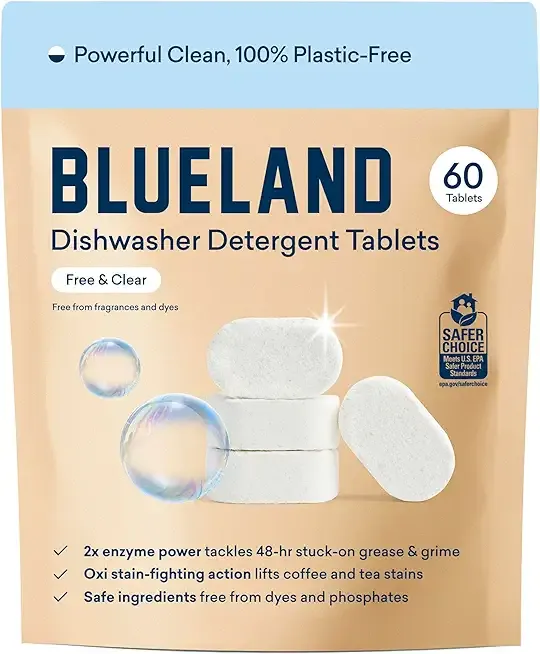 BLUELAND 100% Plastic-Free Dishwasher Detergent Tablets, 60 Count, Free & Clear, Eco-Friendly Dishwashing Pods, Natural, USDA Certified biobased