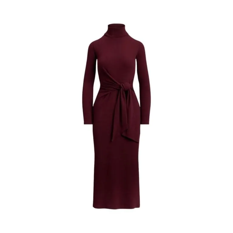 Tie-Front Cotton-Blend Roll Neck Dress - Rød