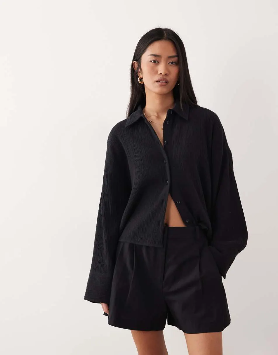 ASOS DESIGN cropped textured cotton shirt in black