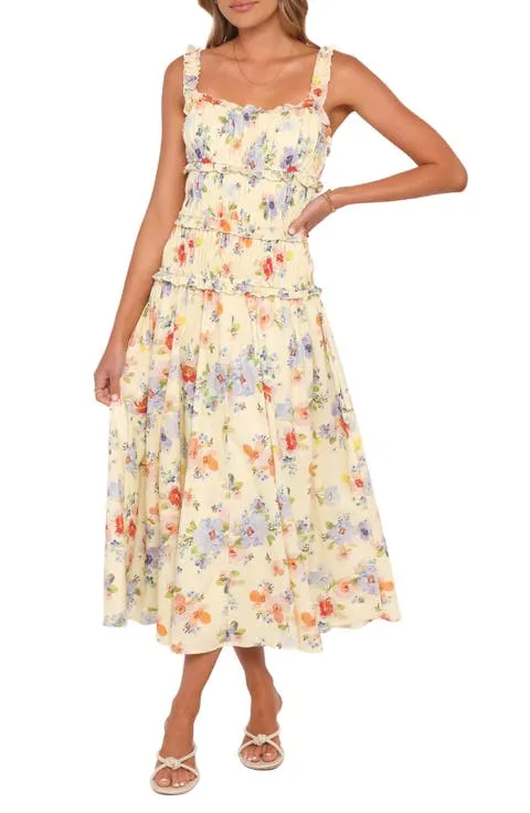Petal & Pup Enola Shirred Ruffle Trim Midi Dress