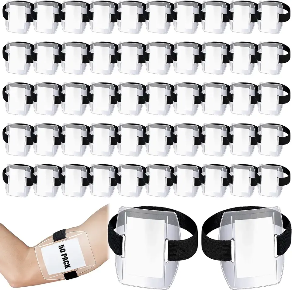 Meanplan 50 Pack Arm Badge Holder Bulk, Clear PVC Armband ID Badge Holders Sleeves with Adjustable Elastic Strap for Employee ID, Work Visitor Pass, Event Staff, Access Cards(Black)