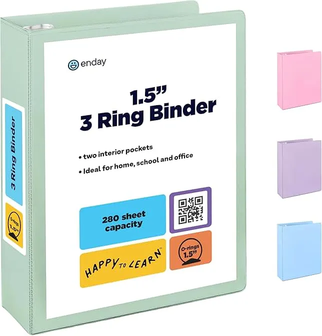 Enday 1.5 Inch Binder, Green - 1.5 Inch 3 Ring Binder, Round Ring Pastel with Clear View Cover for Letter Size 8.5 x 11'' Paper & 2 Inside Pockets, Ideal for School Supplies, Office, and Home