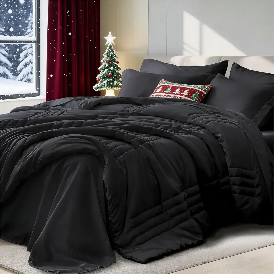 Queen Comforter Set Black - Bed in a Bag Queen Size 7 Pieces, Soft Bedding Set for All Seasons, Premium Queen Comforter Set with Comforter, Sheets, Pillowcases & Shams