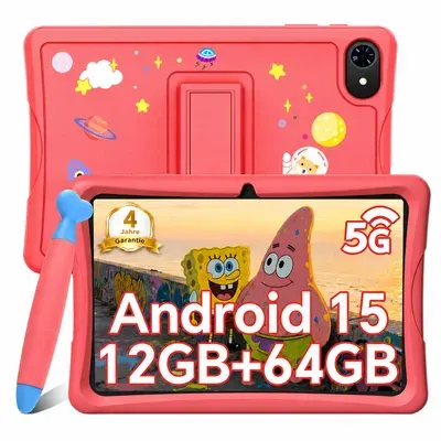 KOBONA-Tabwee K10 Kids 10.1" Rosa Tablet, Google Kids Space, 4+64GB ROM, Android 15 WiFi Tablet für Kind mit Kindgerechte Hülle und Stift, 5000mAh