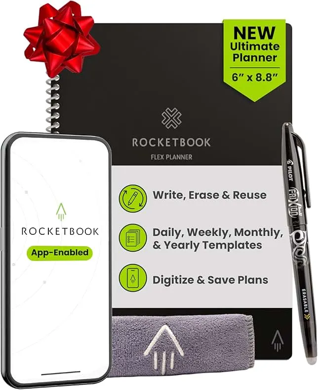 Rocketbook Flex Reusable Planner, Smart Undated, Daily, Weekly, Monthly, Annual Calendar Templates, Executive Size 6X8.8, Black (Pack of 1)