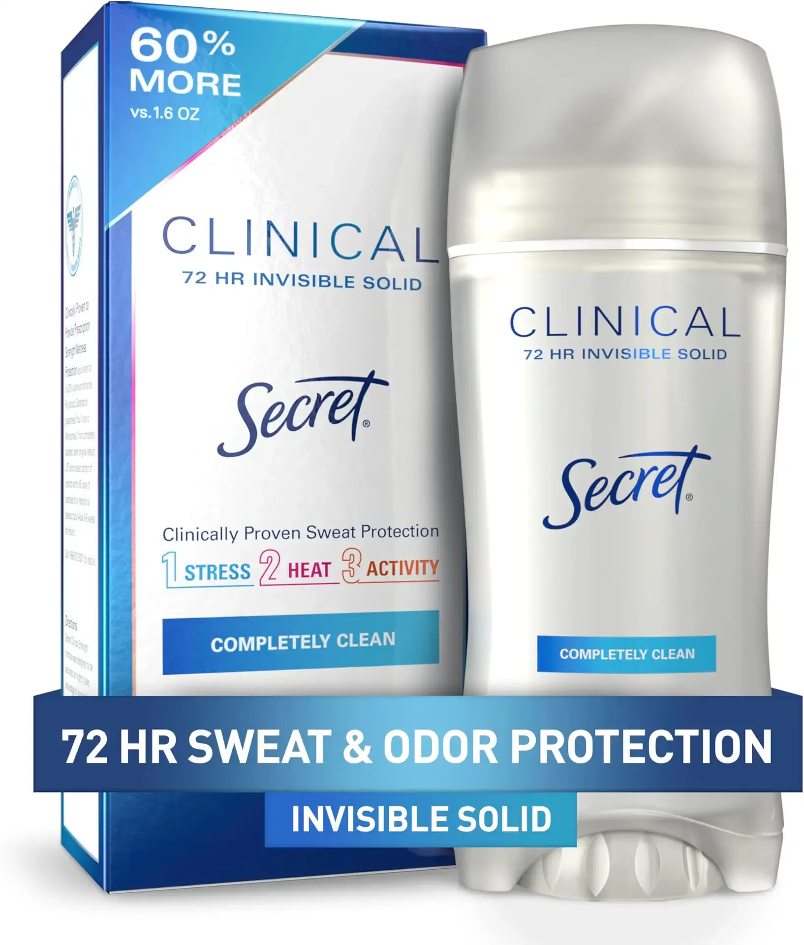 Secret Clinical Strength Antiperspirant Deodorant for Women, 3X Stress Protection, 72hr Sweat & Odor Protection, PH Balancing Minerals, Invisible Solid, Completely Clean Scent, 2.6 oz