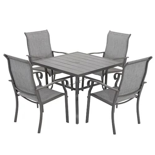 Gray 5-Piece Textilene and Iron Outdoor Dining Set, 4 Textilene Chairs and 37 Inch Square Dining Table