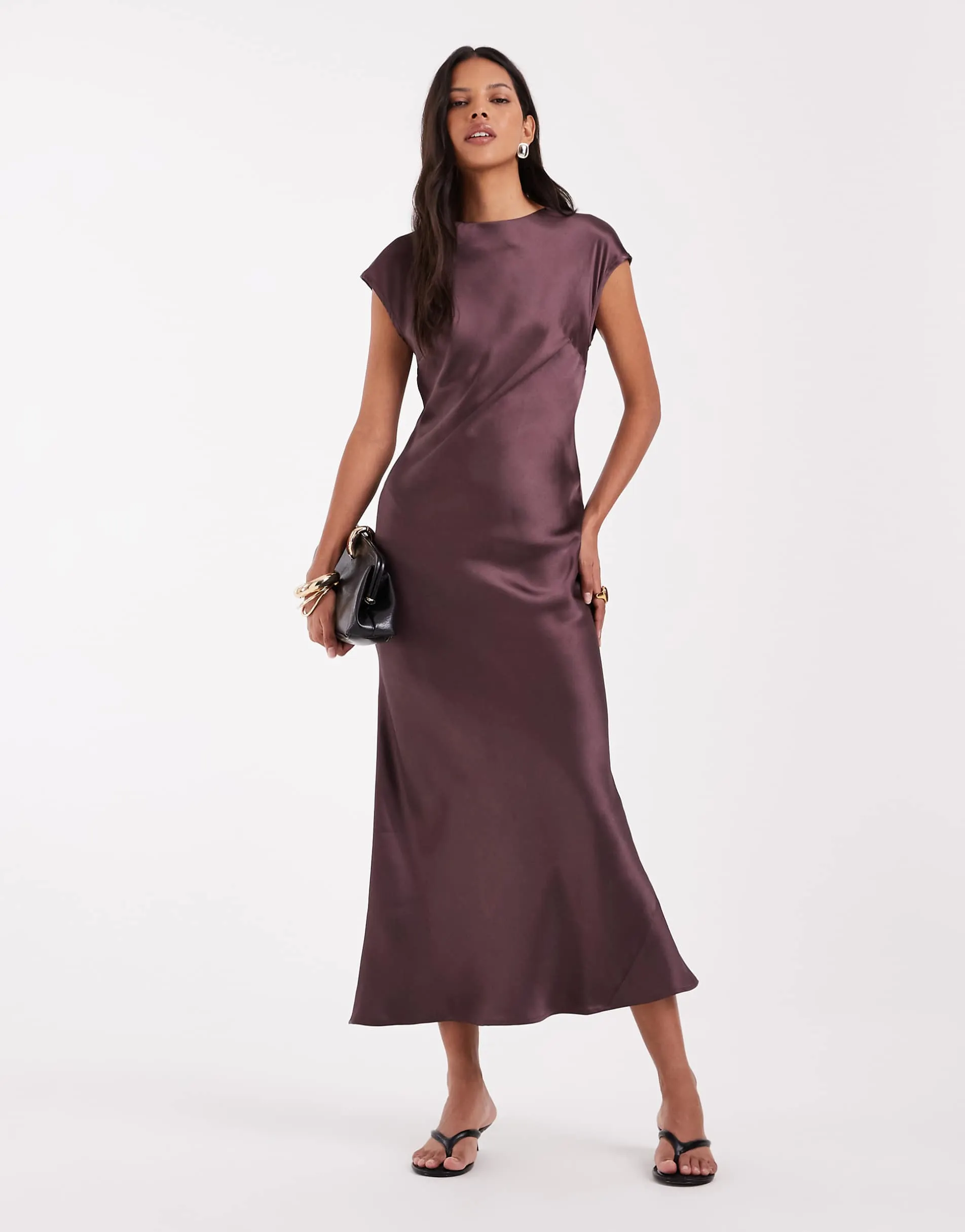 ASOS DESIGN satin column maxi dress with cap sleeves in chocolate brown