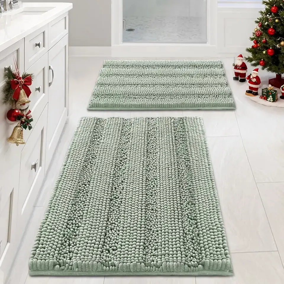 H.VERSAILTEX Sage Bathroom Rugs, Bath Mat Set of 2 Extra Thick Chenille Striped Pattern Shaggy Bath Rugs for Bath Room, Non Skid Bath Mats for Bathroom Floor (32 x 20 Plus 24 x 17 - Inches)