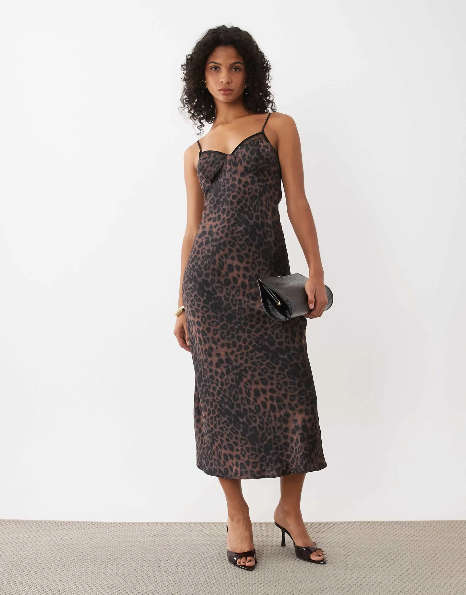 New Look lace bust detail satin midi dress in brown leopard print