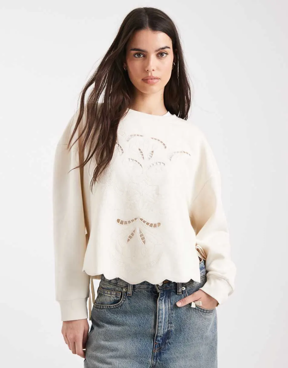 Miss Selfridge embroidered tie side sweatshirt in cream
