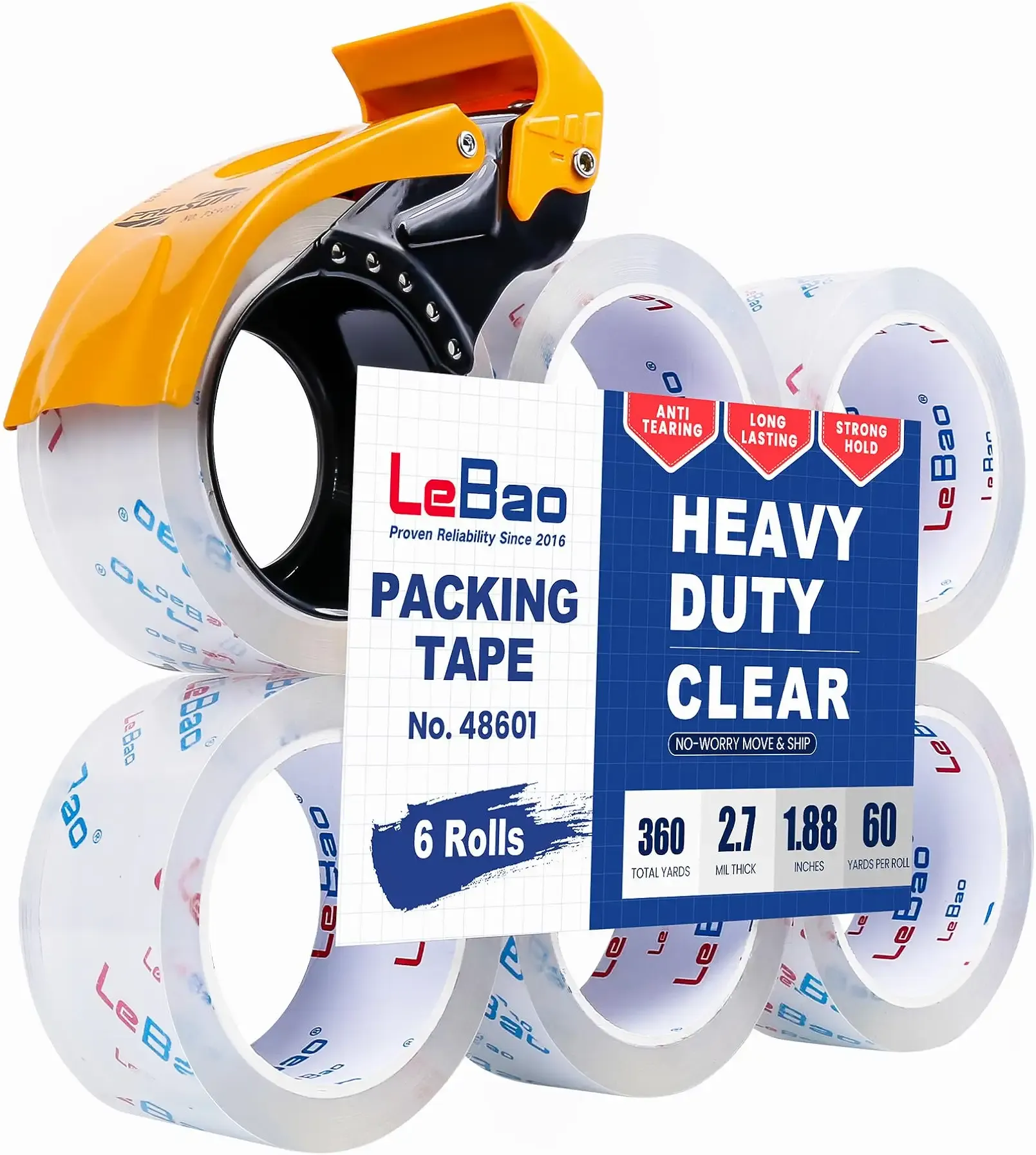 Heavy Duty Packing Tape with Metal Dispenser, Strong HD Clear Packaging Tape, 6 Rolls 1.88 in. x 60 yd. x 2.7MiL, Secure Sealing for Cardboard Package Moving Boxes & Shipping Supplies