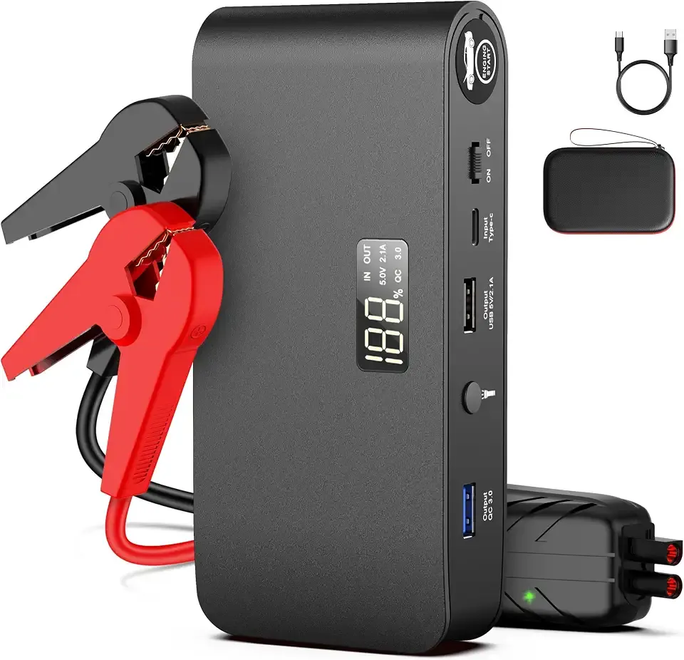 BOOKOO 4000A 12V Car Battery Jump Starter 16000mAh for Car Boat Lawnmower | Jumper Starter for 8L Gas & 7L Diesel - Jumper Cables - Jump Box with USB QC 3.0 PD 18W Fast Charging - 3 LED Modes with SOS