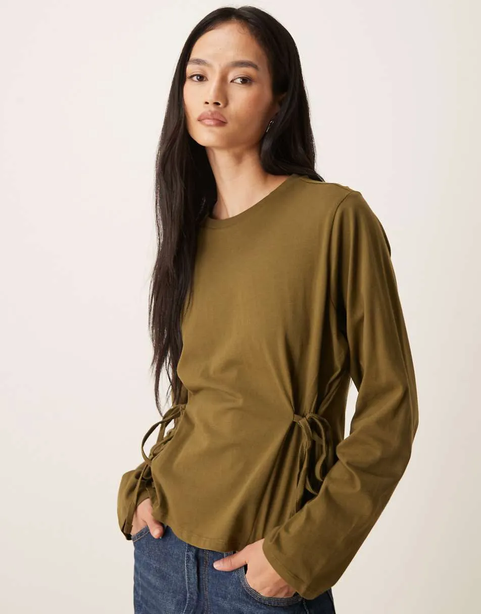 ASOS DESIGN tie waisted detail long sleeve top in khaki