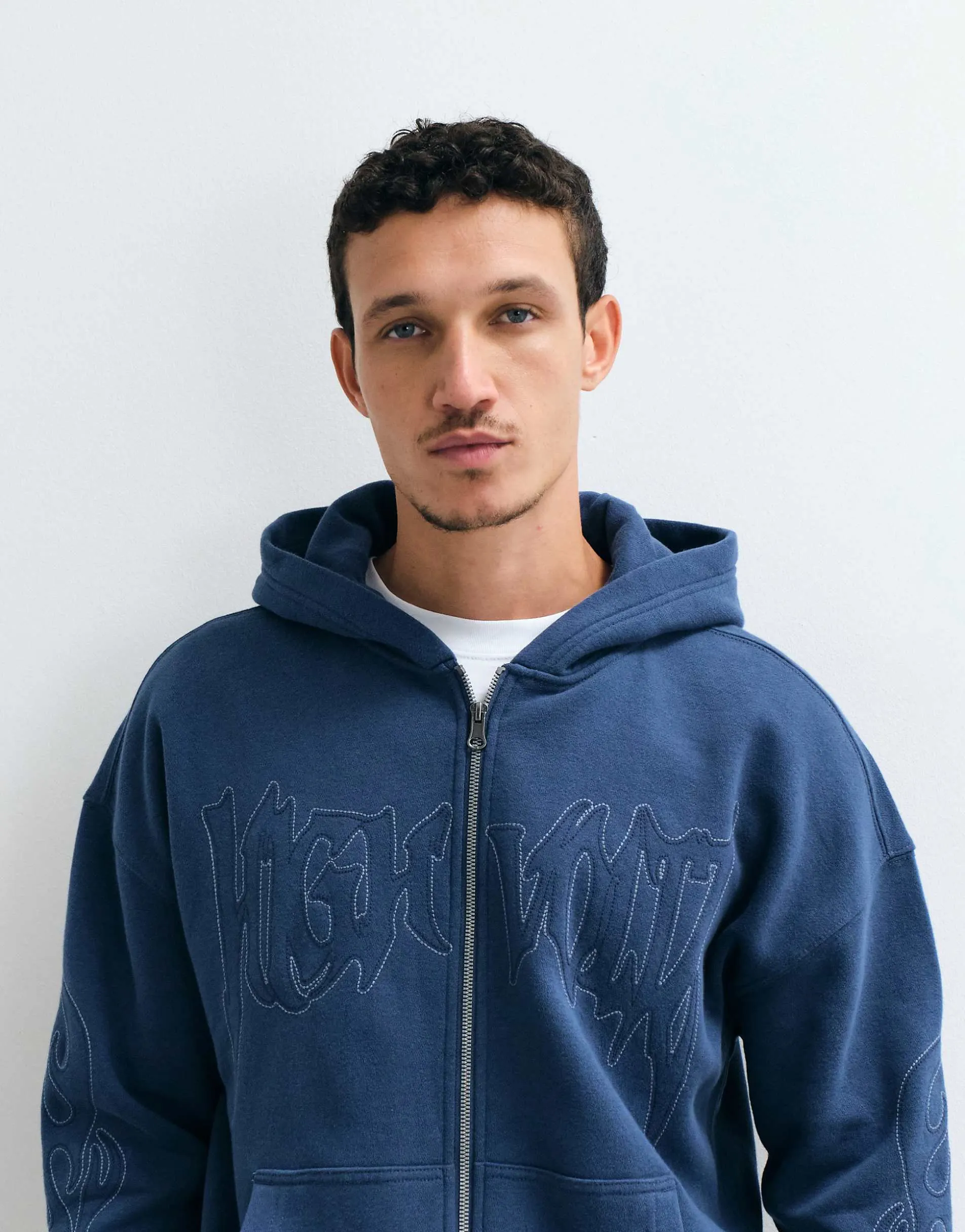 Hollister logo boxy fit hoodie with sleeve detail in blue