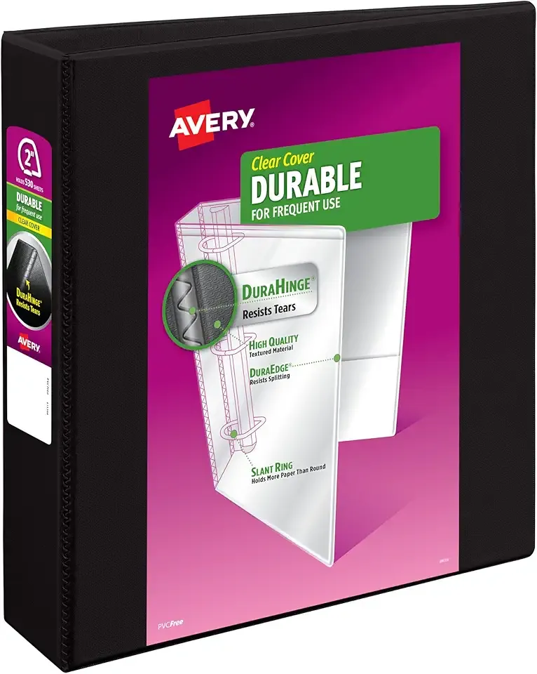 Avery Durable View 3 Ring Binder, 2 Inch Slant Rings, 530-Sheet Capacity, DuraHinge, 2.8 Inch Wide Spine, Customizable Clear Cover and Spine, 1 Black Binder (17031)