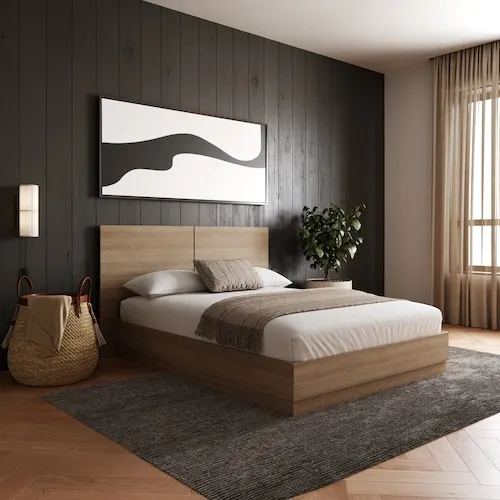 Milano Platform Bed with Headboard, Brown Oak